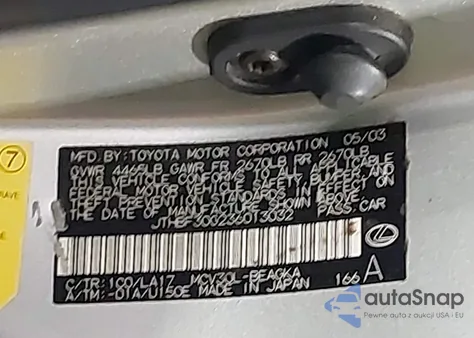 2003 Lexus Es 300 z USA, uszkodzony, nr VIN JTHBF30G236013032